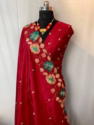 Red tussar silk saree with all over contrast embroidery work and motifs with cutwork border 4