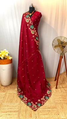Red tussar silk saree with all over contrast embroidery work and motifs with cutwork border 5