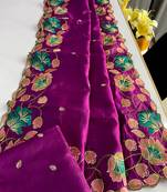 Wine tussar silk saree with all over contrast embroidery work and motifs with cutwork border