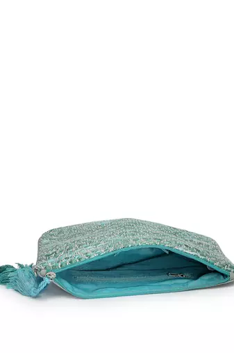 boho pista green & off white chevron self design cotton acrylic sling bag