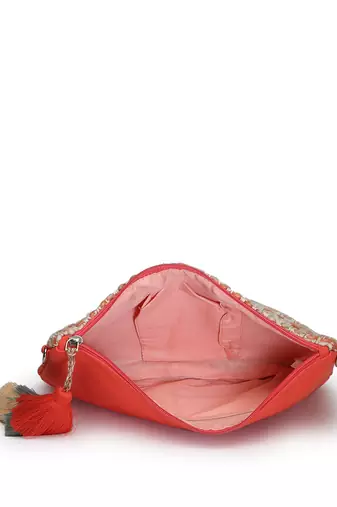 boho coral & multi chevron self design cotton acrylic sling bag