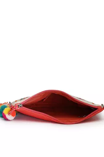 boho coral & multi quirky embroidered cotton canvas sling bag