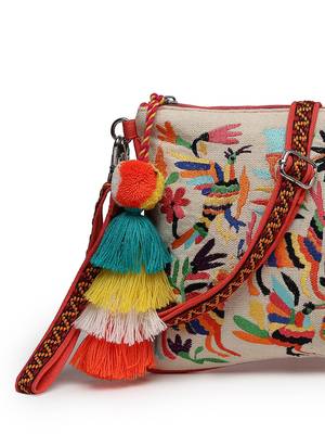 boho coral & multi quirky embroidered cotton canvas sling bag 8