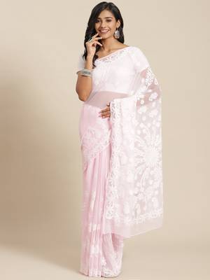 Hand embroidered light pink georgette lucknowi chikankari saree with blouse 1