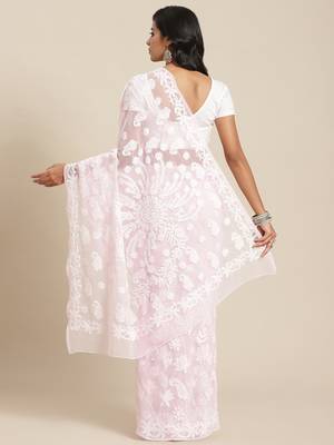 Hand embroidered light pink georgette lucknowi chikankari saree with blouse 2