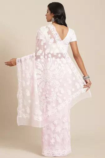 Hand embroidered light pink georgette lucknowi chikankari saree with blouse