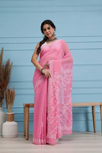 Hand embroidered dark pink georgette lucknowi chikankari saree with blouse