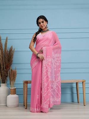 Hand embroidered dark pink georgette lucknowi chikankari saree with blouse 1
