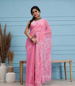 Hand embroidered dark pink georgette lucknowi chikankari saree with blouse