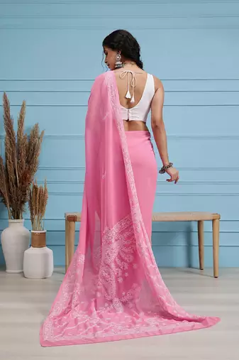 Hand embroidered dark pink georgette lucknowi chikankari saree with blouse
