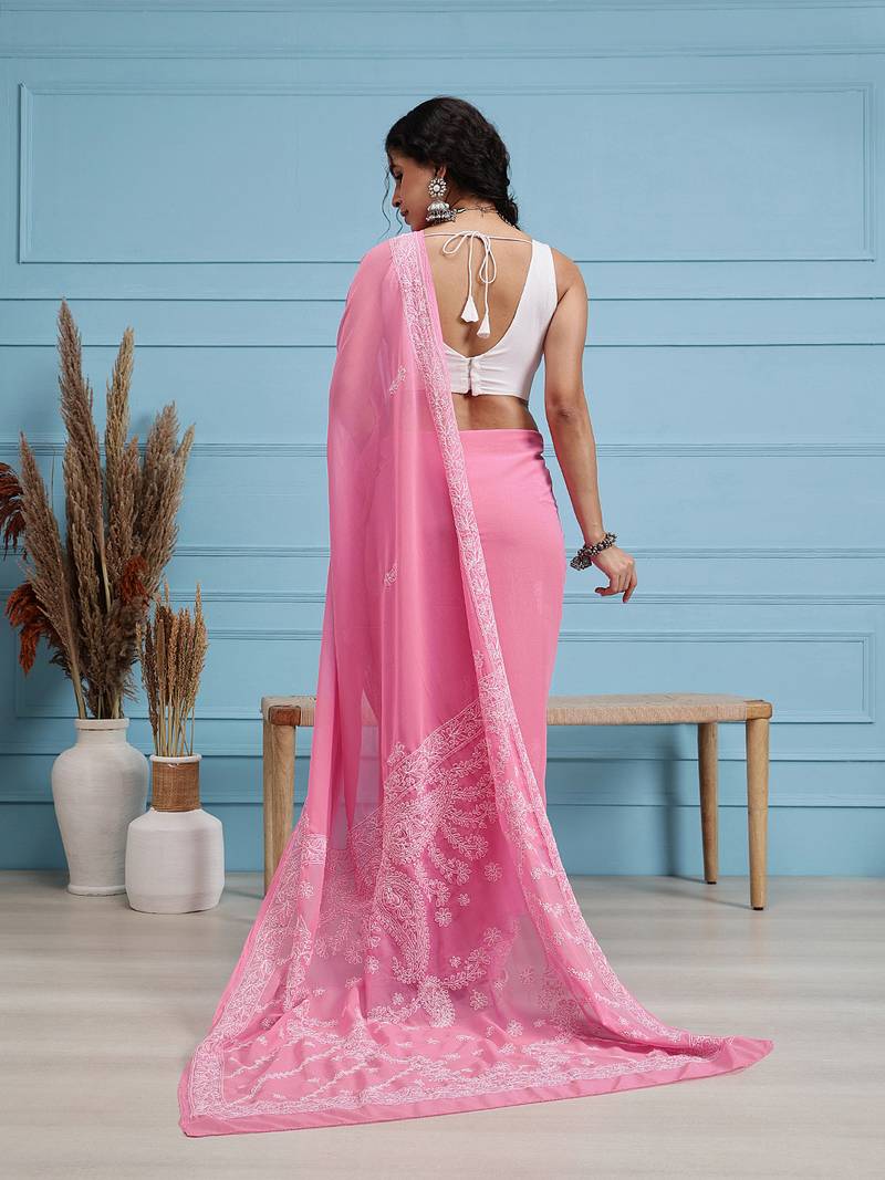 Hand embroidered dark pink georgette lucknowi chikankari saree with blouse