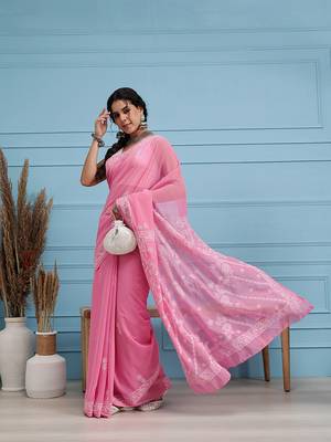 Hand embroidered dark pink georgette lucknowi chikankari saree with blouse 3