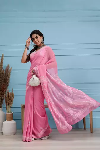 Hand embroidered dark pink georgette lucknowi chikankari saree with blouse