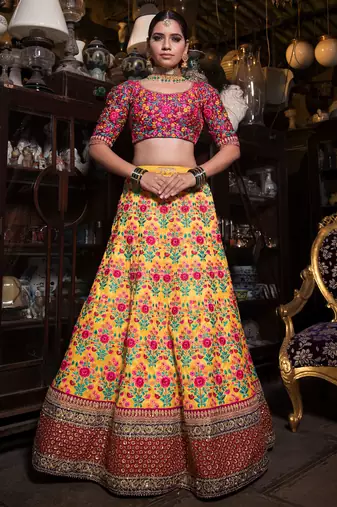 yellow and purple embroidered bridal lehenga set choli with dupatta