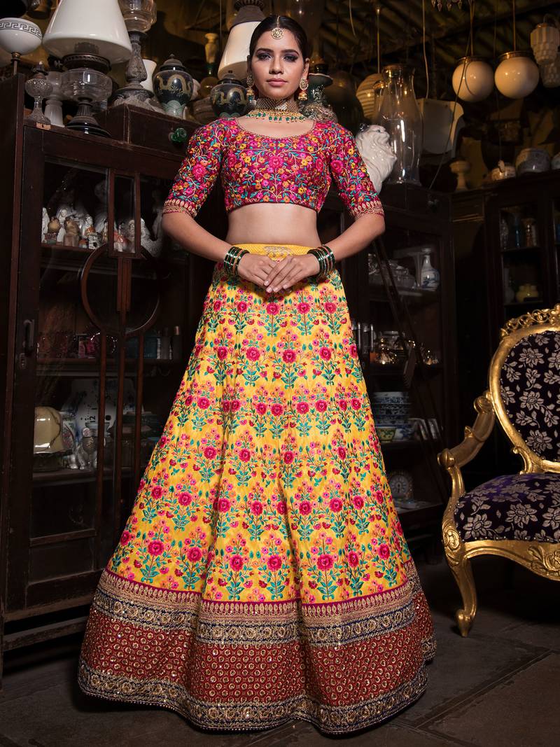 Stunning Yellow And Purple Embroidered Designer Bridal Lehenga Choli For Wedding