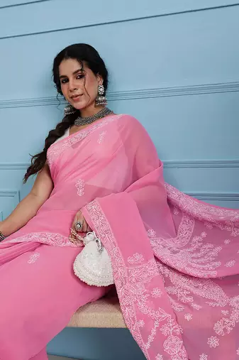 Hand embroidered dark pink georgette lucknowi chikankari saree with blouse