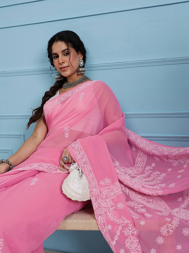 Hand embroidered dark pink georgette lucknowi chikankari saree with blouse