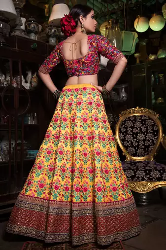 yellow and purple embroidered bridal lehenga set choli with dupatta