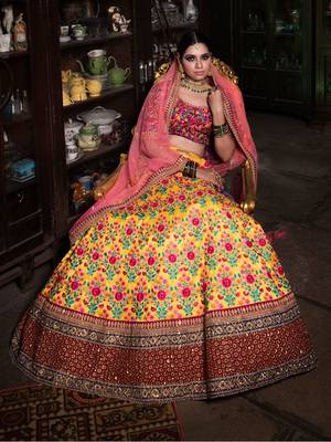 yellow and purple embroidered bridal lehenga set choli with dupatta 4