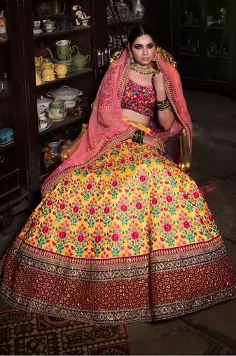yellow and purple embroidered bridal lehenga set choli with dupatta