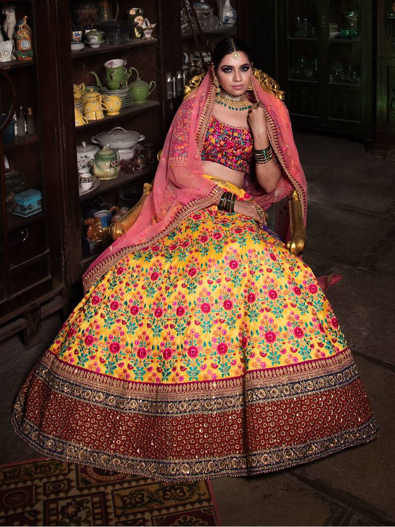 Stunning Yellow And Purple Embroidered Designer Bridal Lehenga Choli For Wedding