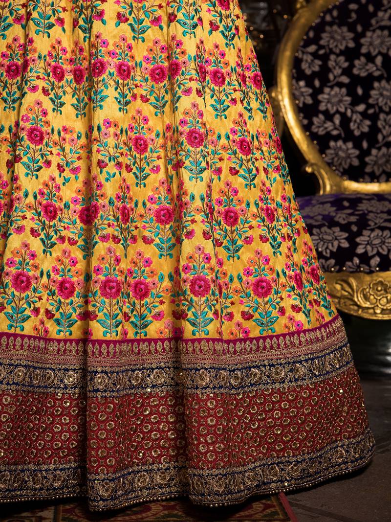 Stunning Yellow And Purple Embroidered Designer Bridal Lehenga Choli For Wedding