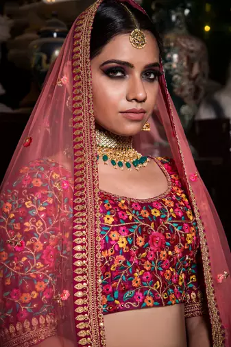 yellow and purple embroidered bridal lehenga set choli with dupatta