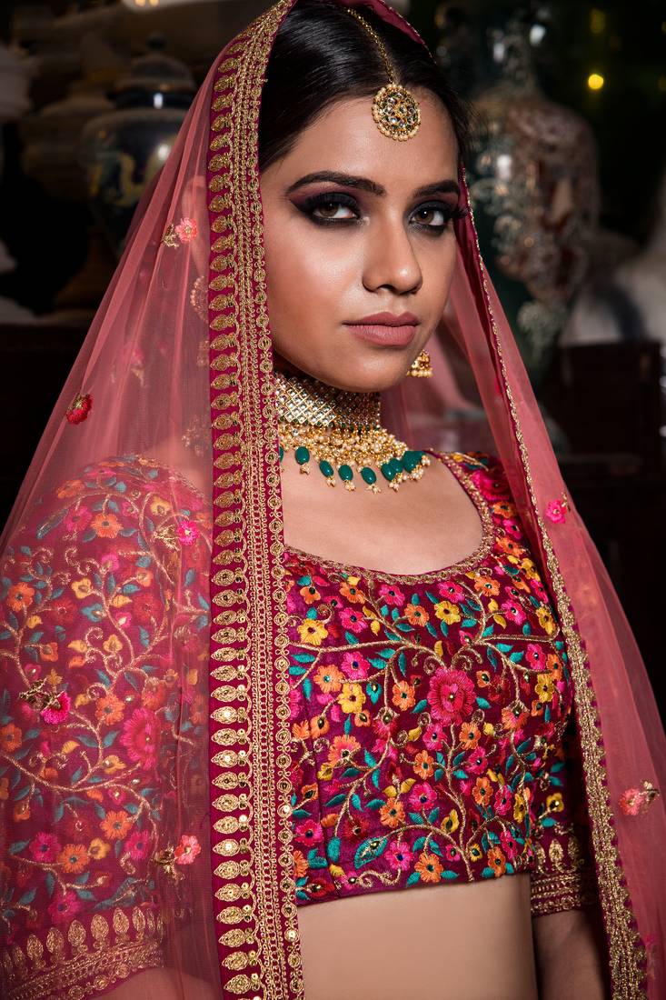 Stunning Yellow And Purple Embroidered Designer Bridal Lehenga Choli For Wedding