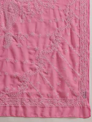 Hand embroidered dark pink georgette lucknowi chikankari saree with blouse 5