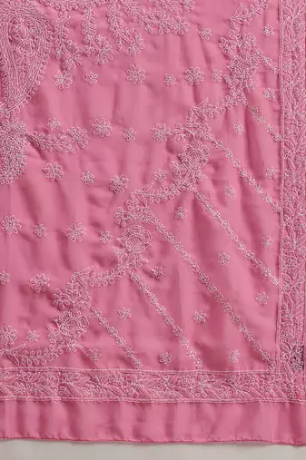 Hand embroidered dark pink georgette lucknowi chikankari saree with blouse
