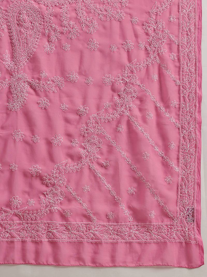 Hand embroidered dark pink georgette lucknowi chikankari saree with blouse