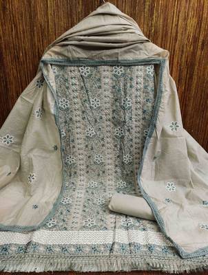 grey cotton embroidered unstitched dress material 2