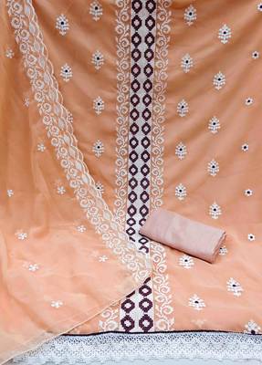 orange georgette embroidered unstitched dress material 3
