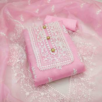 baby pink organza embroidered unstitched dress material 1