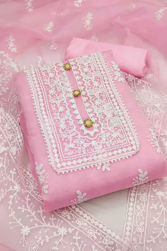 baby pink organza embroidered unstitched dress material