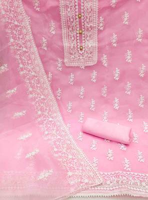 baby pink organza embroidered unstitched dress material 2