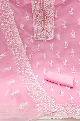 baby pink organza embroidered unstitched dress material