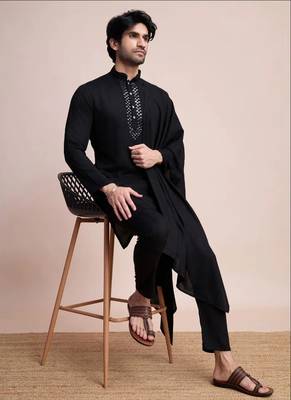 Black designer mirror work kurta set with dupatta for men 1