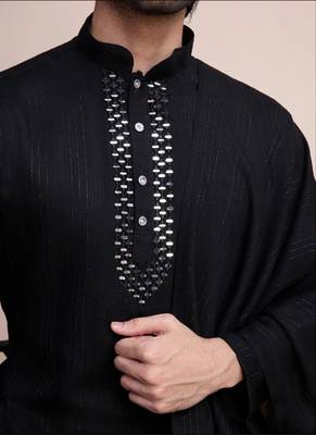 Black designer mirror work kurta set with dupatta for men 2