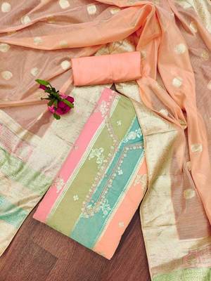 peach jacqurd handwork unstitched dress material 1