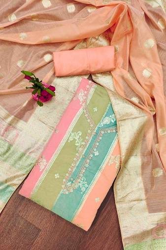 peach jacqurd handwork unstitched dress material