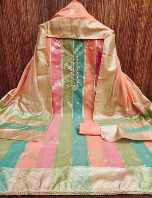peach jacqurd handwork unstitched dress material 2