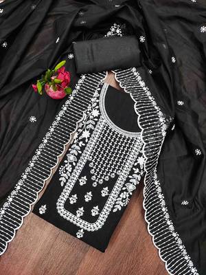 black chanderi cotton embroidered unstitched dress material 1