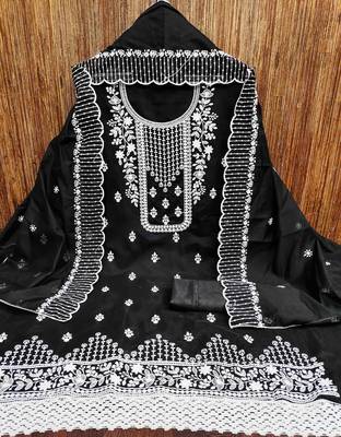 black chanderi cotton embroidered unstitched dress material 2