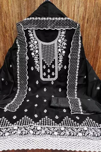 black chanderi cotton embroidered unstitched dress material
