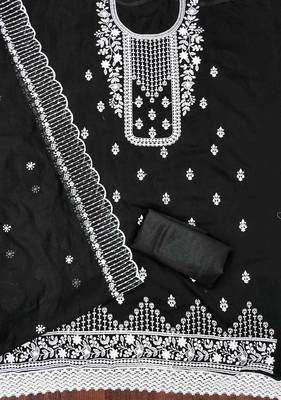 black chanderi cotton embroidered unstitched dress material 3
