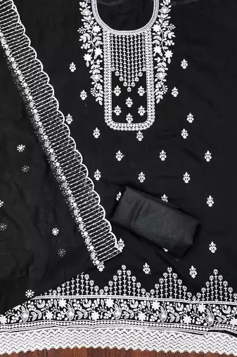 black chanderi cotton embroidered unstitched dress material