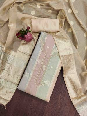 beige jacquard handwork unstitched dress material 1