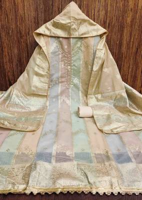 beige jacquard handwork unstitched dress material 2