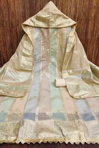 beige jacquard handwork unstitched dress material